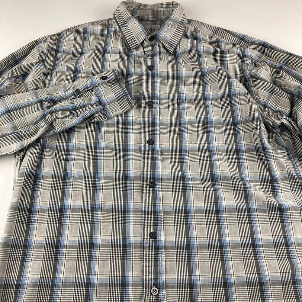 Calvin Klein Jeans Mens M Gray Blue Plaid Button Front Shirt 100% Cotton